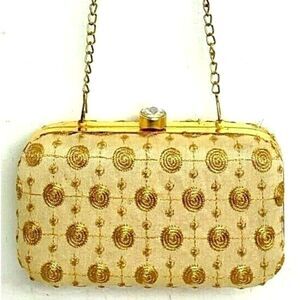 Avanche GOLD EMBROIDERED 100% SILK CHAIN STRAP CONVERTIBLE CLUTCH HANDBAG PURSE